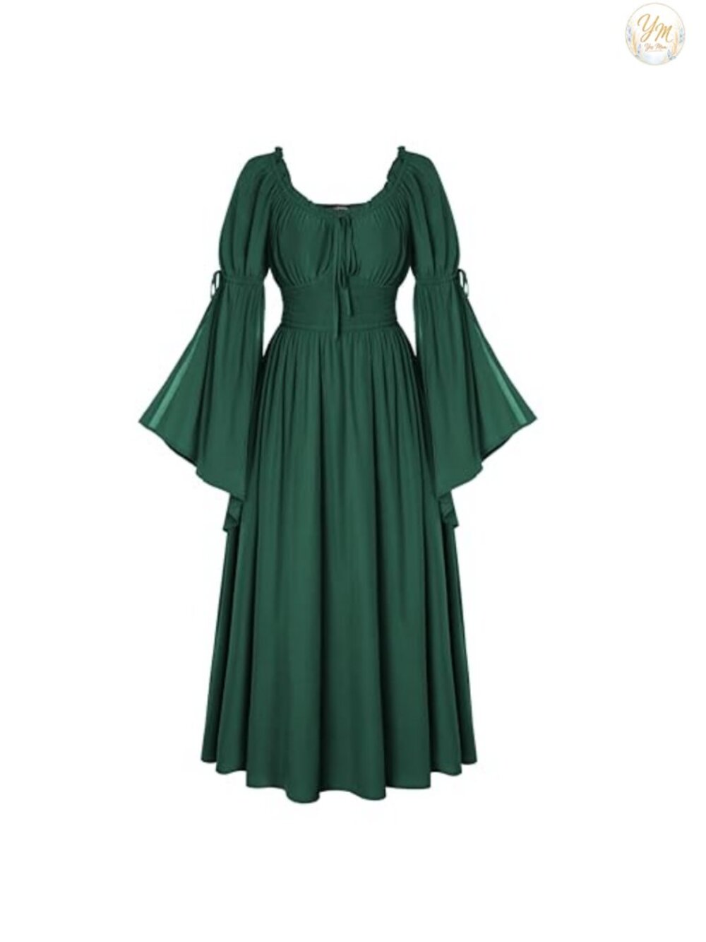 Renaissance Medieval Peasant Maxi Dress A-Line Long Slit Bell Sleeve